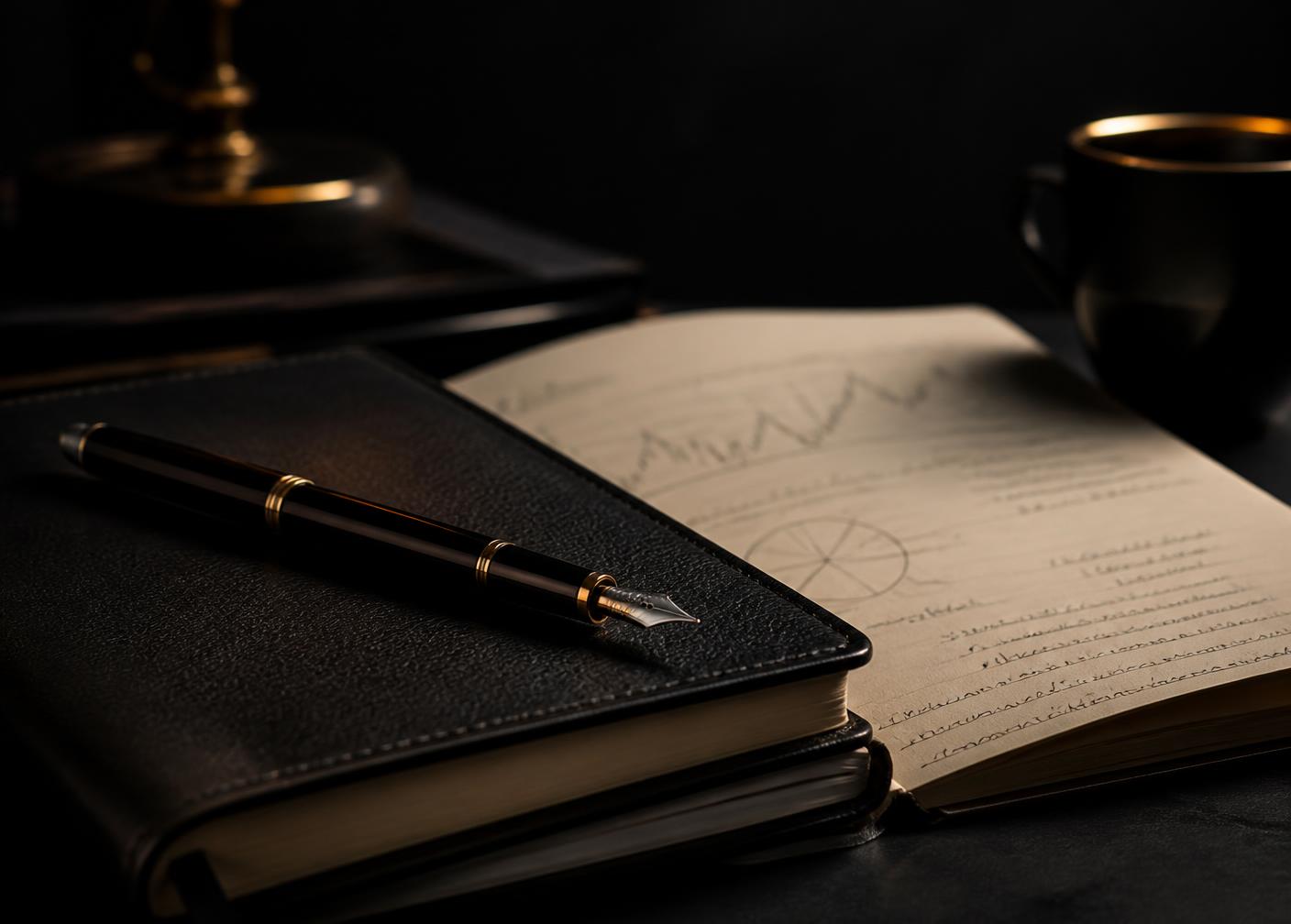 دفتر ملاحظات وقلم على مكتب داكن — تدوين قراءة السوق